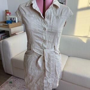 Belted Cream Button-Down Dress